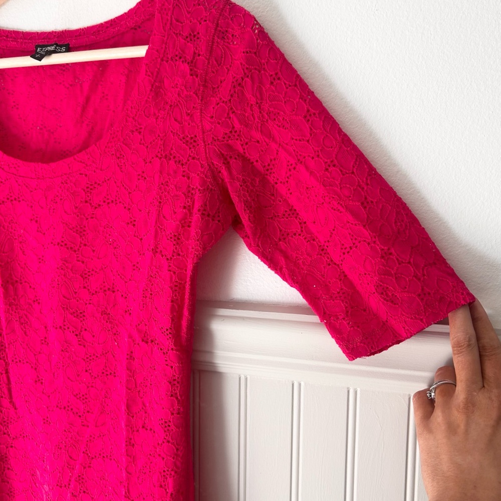 Y2K Express 3/4 Sleeve Lace Bright Magenta Pink Fitted Blouse Size Small - Picture 3 of 8